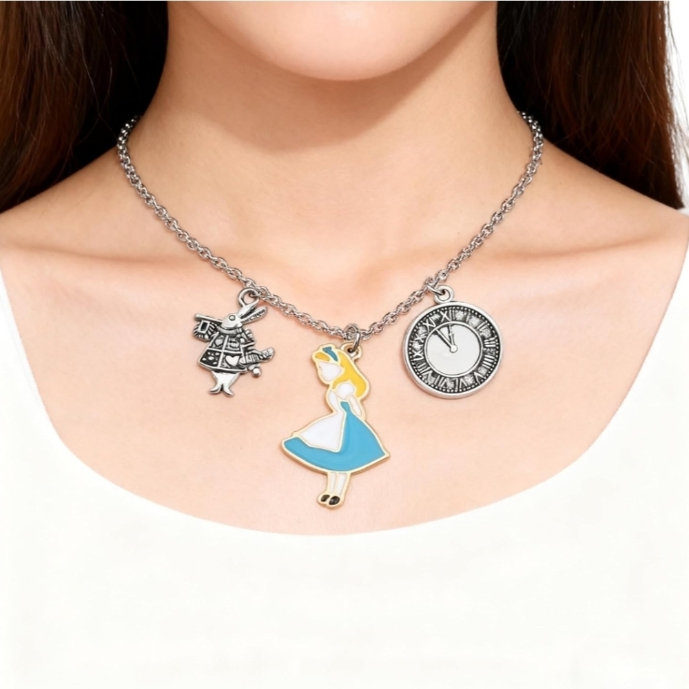 ALICE IN WONDERLAND STAINLESS STEEL ENAMEL COATED CHARM NECKLACE HANDMADE - Picture 3 of 6